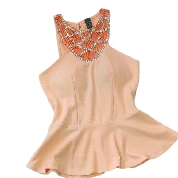 Windsor Tops - Padded peplum high neck rhinestone dressy tank top